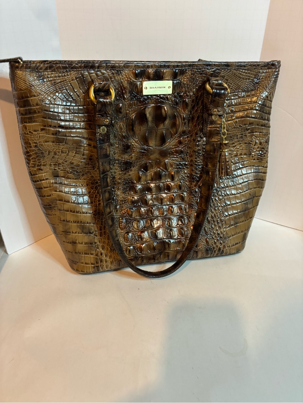 Brahmin Metallic Brown Croc-Embossed Tote